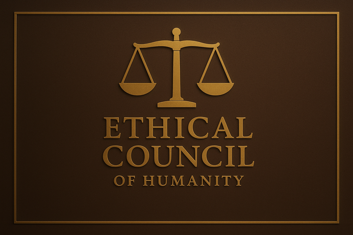Goldenes Logo des Ethical Council of Humanity mit Waage-Symbol und Schriftzug auf braun-goldenem Hintergrund im Querformat.