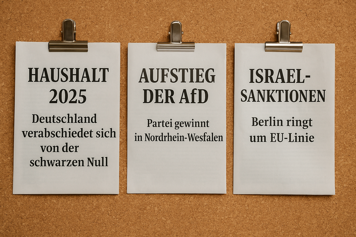 Drei Blätter mit Schlagzeilen zu Haushalt 2025, Aufstieg der AfD und Israel-Sanktionen – Symbol für politische Dogmen und Krisendiskurse in Deutschland