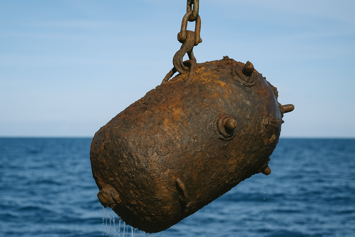 Stark verrostete Weltkriegs-Seemine wird aus der Nordsee gehoben, Wasser tropft herab – Symbol für die Altlasten von 1,6 Millionen Tonnen Munition in deutschen Meeren