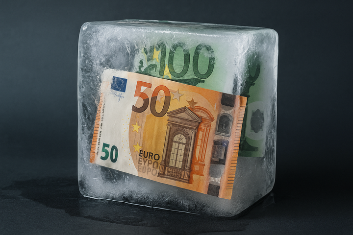 Block aus Eis mit eingefrorenen Euro-Banknoten als Symbol für blockierte russische Vermögenswerte in der EU