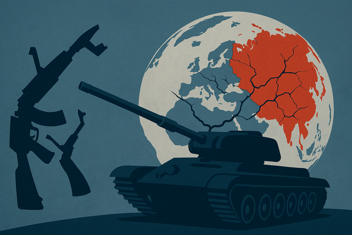 Symbolische Illustration: eine Weltkugel mit Rissen, umgeben von Panzer und Waffen. Verdeutlicht die globale Gewaltlogik jenseits einzelner Staaten.