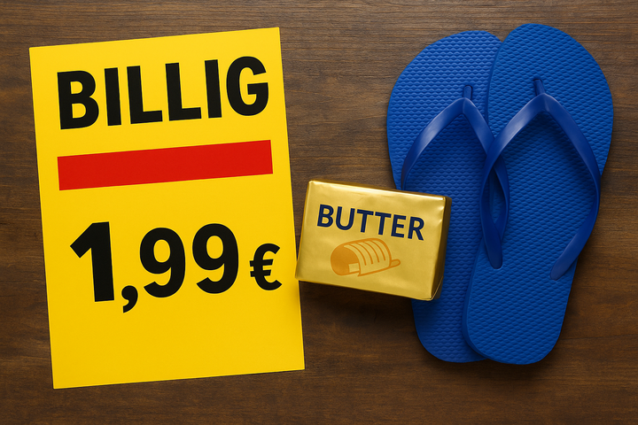 Verpackte Butter und blaue Badeschlappen neben einem auffälligen Billig-Preisschild – Symbol für die gesellschaftliche Fixierung auf den niedrigsten Preis