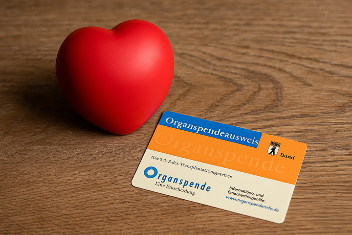 Rotes Herzsymbol neben einem deutschen Organspendeausweis auf Holzoberfläche – Symbol für die Debatte um Widerspruchslösung und Menschenwürde