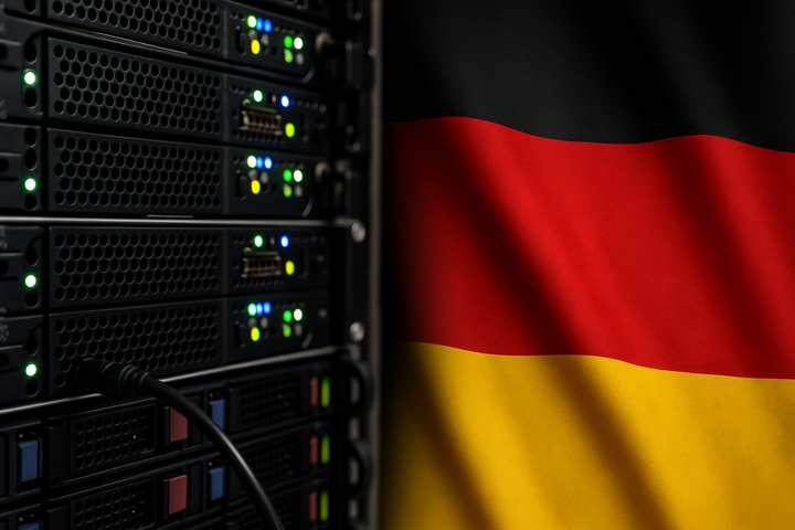 Serverrack mit leuchtenden Anzeigen vor einer deutschen Flagge – Symbol für digitale Souveränität und technologische Unabhängigkeit Deutschlands