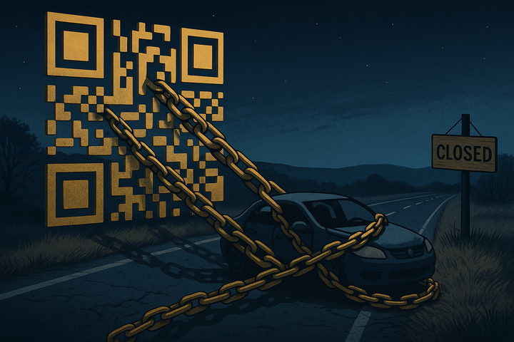 Symbolische Illustration: Ein goldener QR-Code verformt sich zu Kettengliedern, die ein Auto auf einer leeren Landstraße fesseln; im Hintergrund dünn besiedelte Landschaft – Sinnbild für die Zerstörung ländlicher Mobilität.