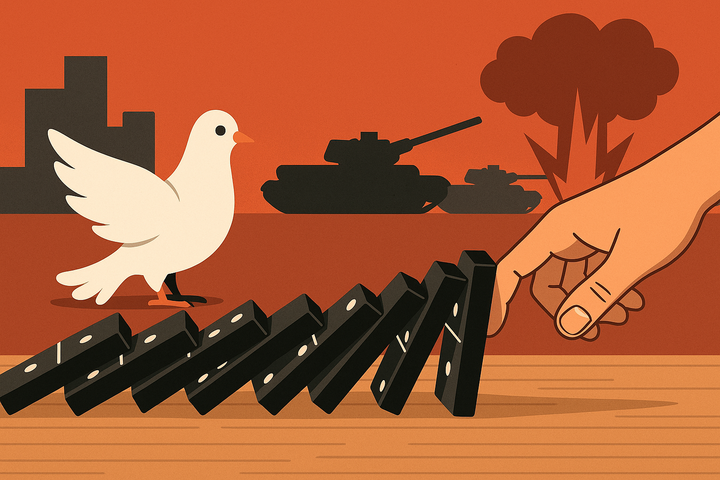 Illustration mit fallenden Dominosteinen, einer Friedenstaube, Panzern und Explosion im Hintergrund – Sinnbild für die Gefahr vereinfachender Domino-Theorien in der Weltpolitik.