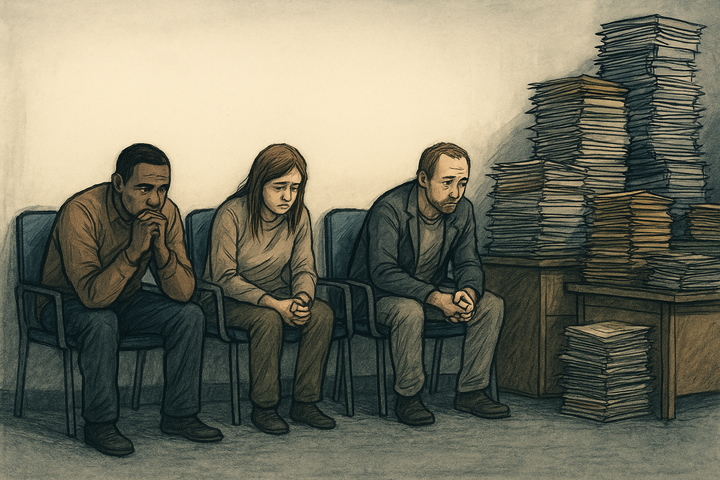 Symbolbild: Menschen im Wartezimmer, während Aktenstapel wachsen – Sinnbild für ein System, das Arbeitslosigkeit verwaltet.
