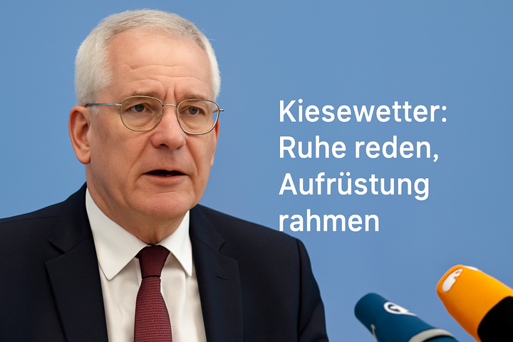 Symbolbild: Älterer Mann mit grauen Haaren und Brille in Anzug und Krawatte, spricht vor Mikrofonen auf blauem Hintergrund – KI-generierte Darstellung, nicht authentisches Foto von Roderich Kiesewetter.