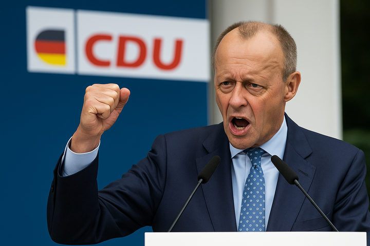 Ein CDU-Politiker spricht mit erhobener Faust leidenschaftlich am Rednerpult vor einem blauen Hintergrund mit CDU-Logo – Symbolbild für Macht und politische Inszenierung.