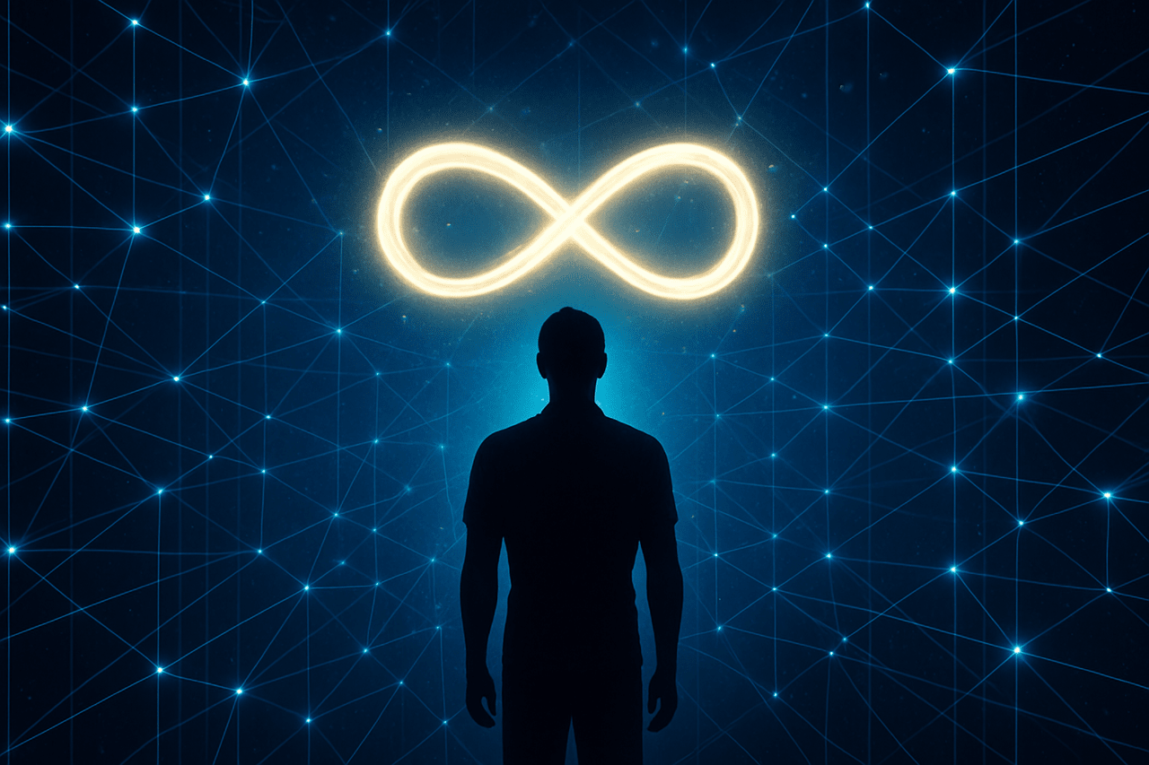 Symbolische Darstellung eines Menschen, der inmitten eines leuchtenden digitalen Netzes steht – zwischen Technologie und Bewusstsein.