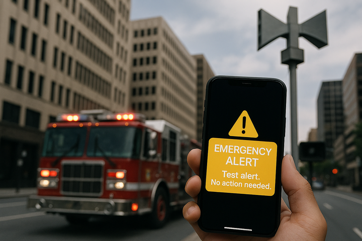 Smartphone mit Notfallwarnung in der Hand, im Hintergrund ein Feuerwehrauto und eine Sirene inmitten von Hochhäusern – Symbolbild zum Warntag 2025.