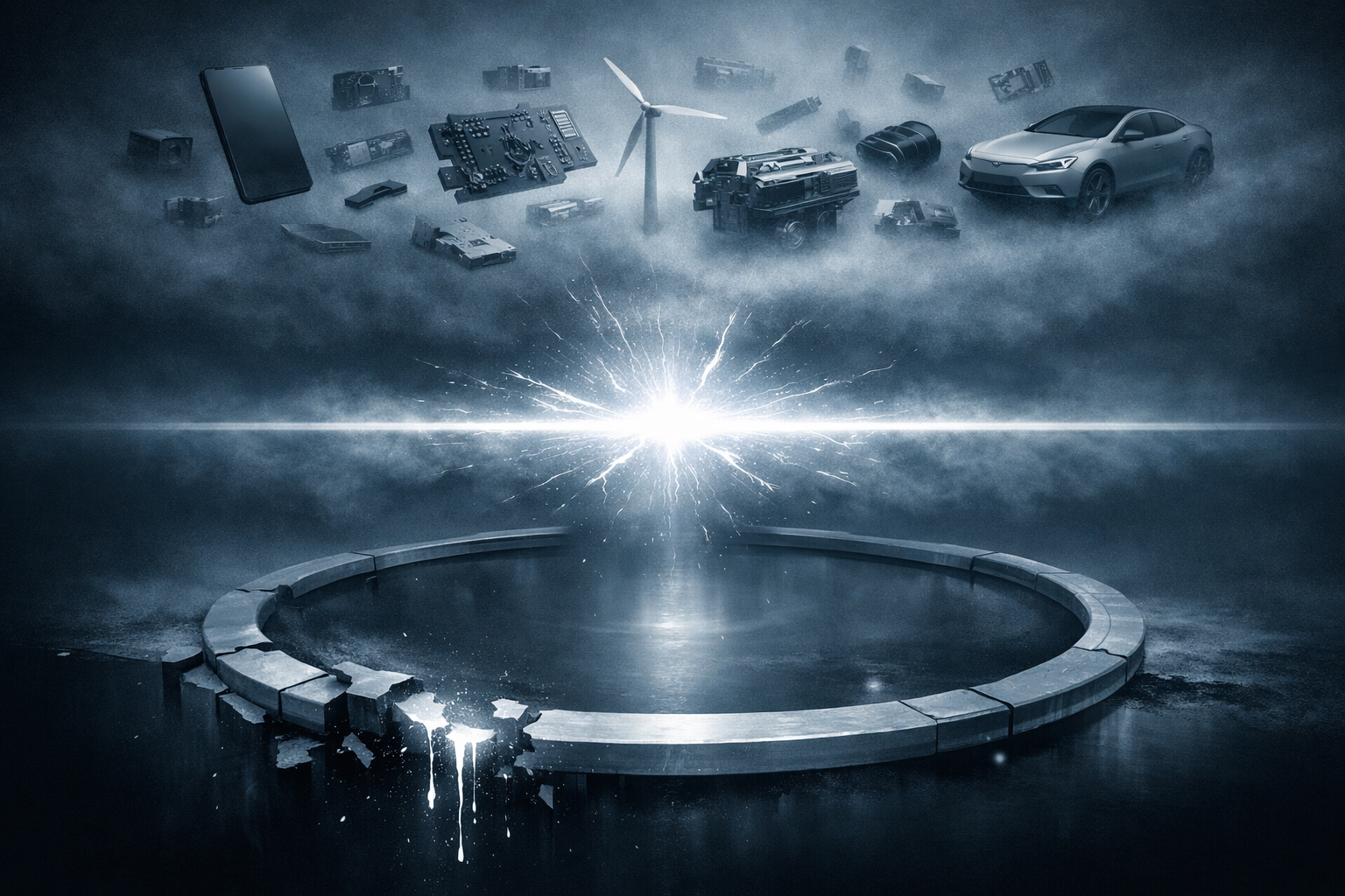 Abstrakte Illustration eines globalen industriellen Materialsystems mit fragmentierten Elektronikkomponenten, einem energetischen Prozessimpuls und einem unvollständigen Materialkreislauf.