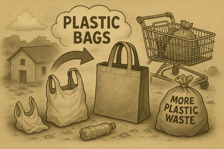 Illustration zum Plastiktüten-Paradox: dünne Plastiktüten werden durch dickere Mehrweg-Taschen ersetzt.