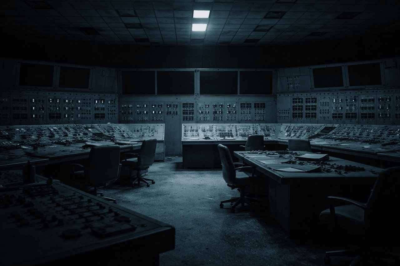 Symbolic image: Abandoned control room with dark monitors and empty workstations, symbolising a power apparatus in an authoritarian end state.