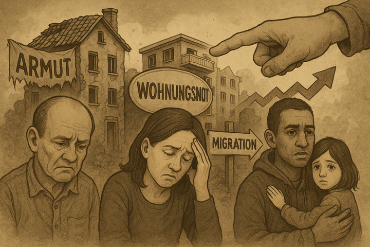 Illustration zur sozialen Zerreißprobe. Symbol für systemische Schuldumkehr und den Verlust von Würde.