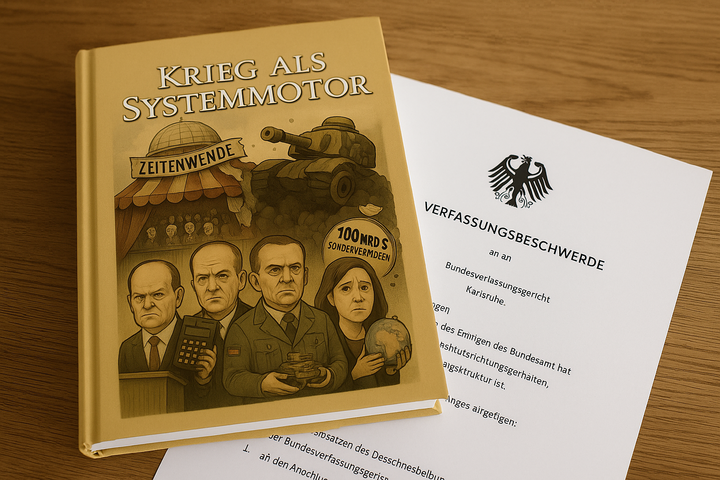 Hardcover-Buch Krieg als Systemmotor liegt auf einer Verfassungsbeschwerde an das Bundesverfassungsgericht – symbolisch für die Einreichung durch den Ethischen Rat der Menschheit.