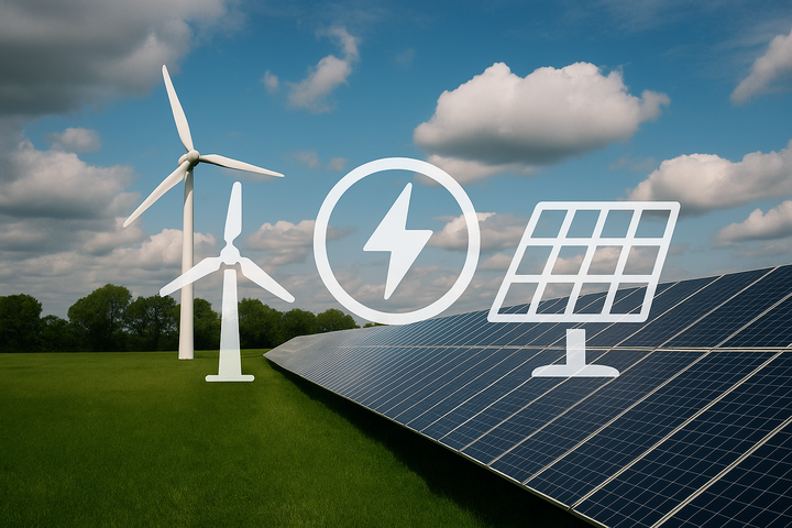 Windkraftanlagen und Solarpaneele auf grüner Landschaft unter blauem Himmel – Sinnbild für eine erneuerte Energiewende als kultureller und heilender Prozess