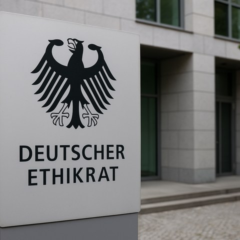 Schild des Deutschen Ethikrats mit Bundesadler vor modernem Gebäude – Symbol für die institutionelle Nähe zur Politik und die Kritik an fehlender Unabhängigkeit
