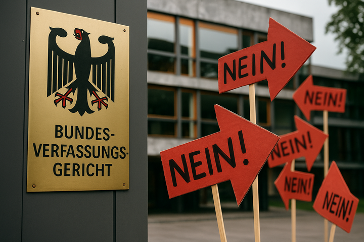 Eingangsschild des Bundesverfassungsgerichts mit Bundesadler, daneben rote Protestschilder mit „Nein!“ – Symbol für Widerstand als Prüfstein von Integrität